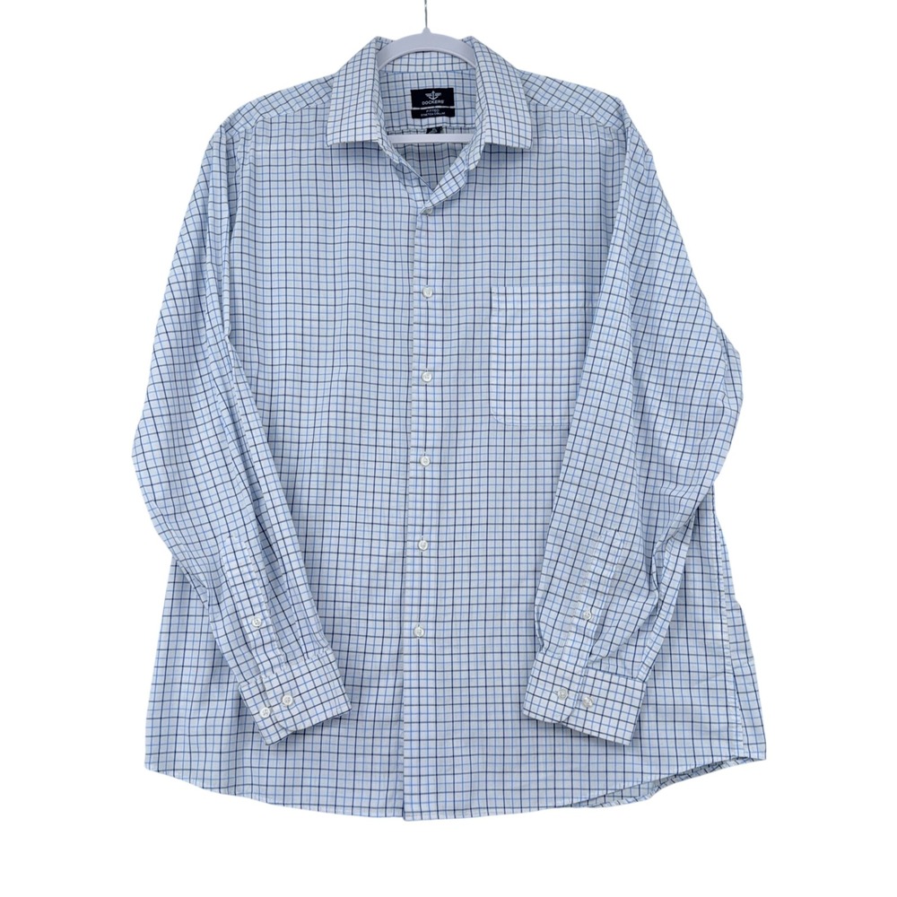 Dockers Mens XL Blue‎ White Windowpane Check Fitted Stretch Collar Shirt
